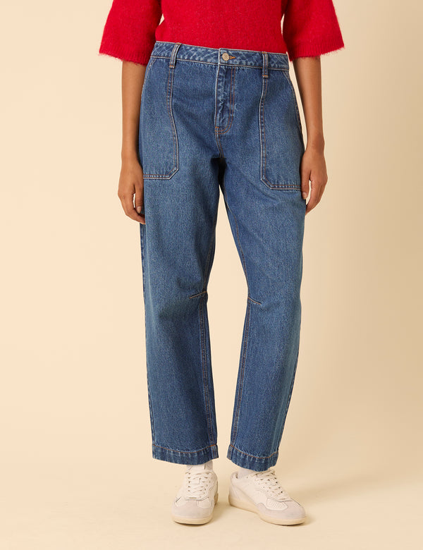 Nobody’s Child Blue Mid Rise Utility Barrel Leg Jeans