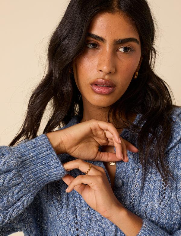 Nobody’s Child Blue Pointelle Collared Knitted Cardigan