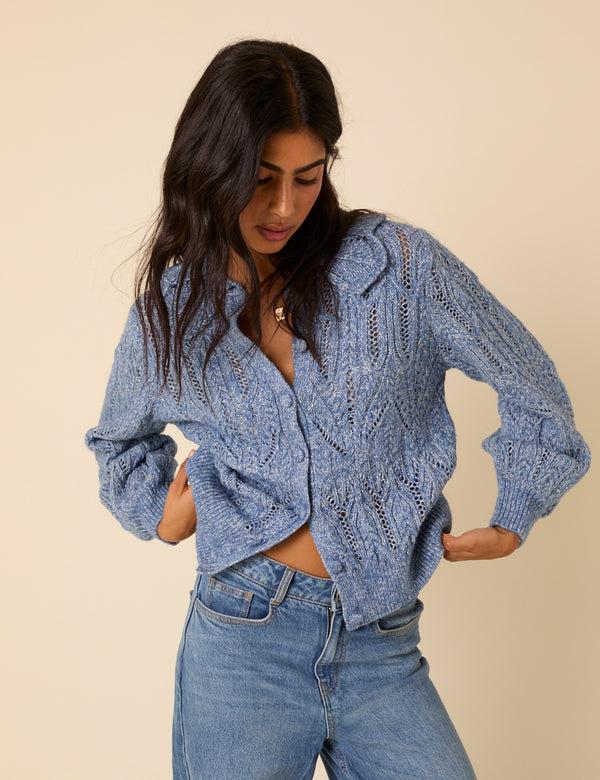 Nobody’s Child Blue Pointelle Collared Knitted Cardigan