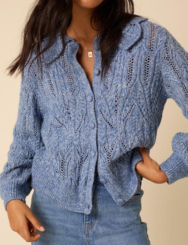 Nobody’s Child Blue Pointelle Collared Knitted Cardigan