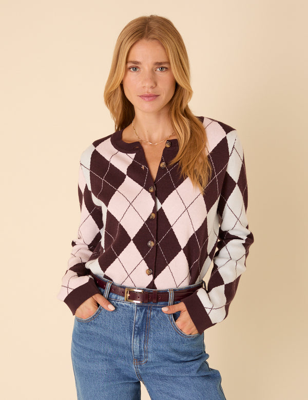 Nobody’s Child Brown And Pink Argyle Print Cardigan