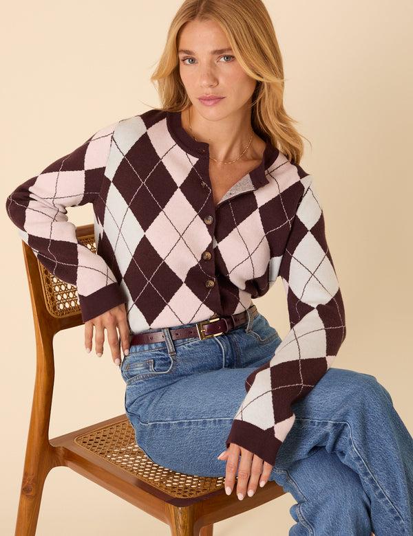 nobody’s child Brown And Pink Argyle Print Cardigan