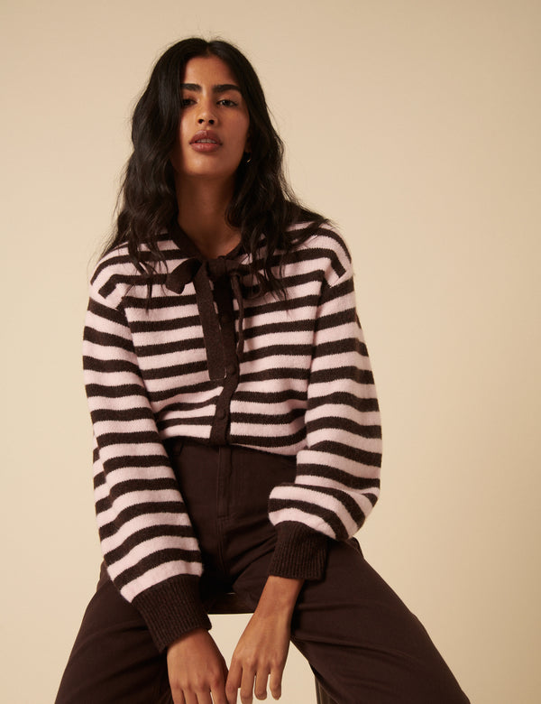 Nobody’s Child Brown And Pink Striped Tie Neck Cardigan