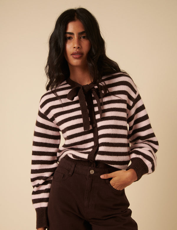 Nobody’s Child Brown And Pink Striped Tie Neck Cardigan
