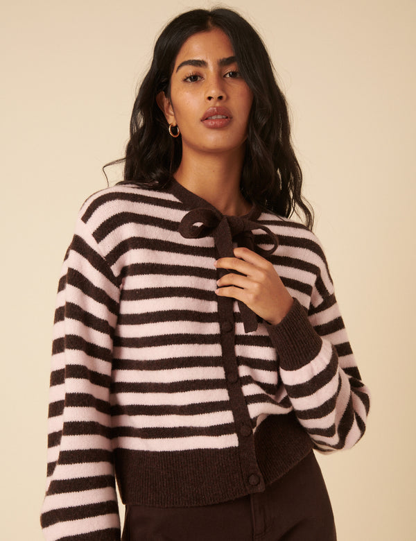 Nobody’s Child Brown And Pink Striped Tie Neck Cardigan