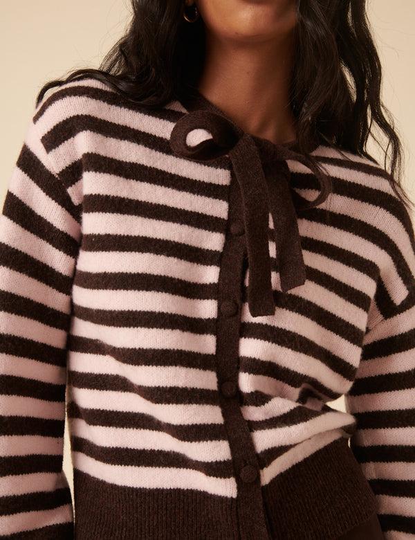 nobody’s child Brown And Pink Striped Tie Neck Cardigan