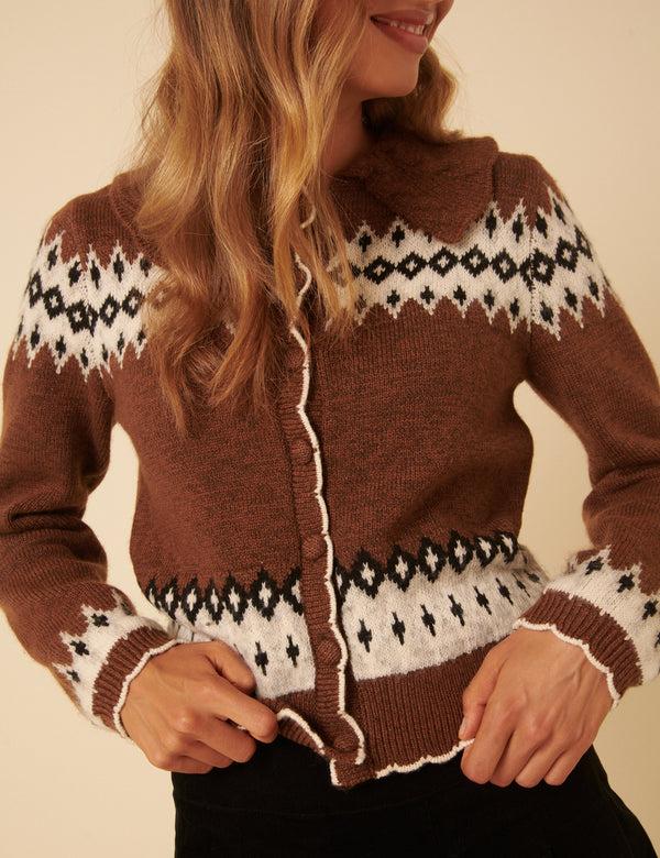 Nobody’s Child Brown And White Fair Isle Collared Cardigan