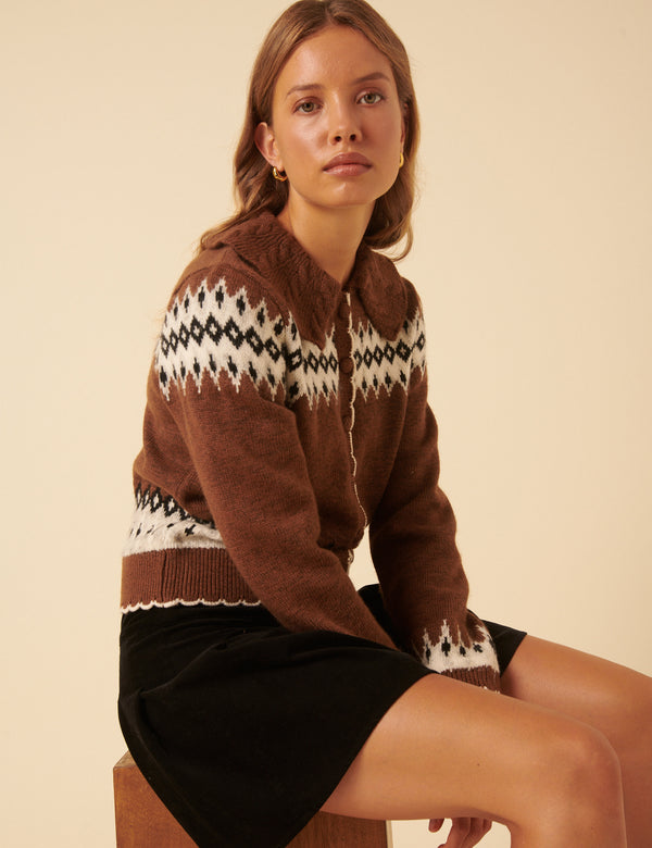 Nobody’s Child Brown And White Fair Isle Collared Cardigan
