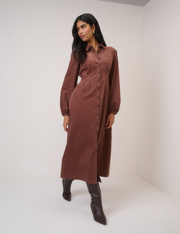 Nobody’s Child Brown Cord Balloon Sleeve Montego Midi Dress