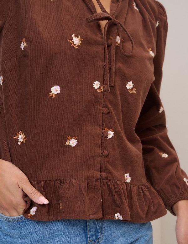 Nobody’s Child Brown Cord Floral Embroidered Frill Blouse