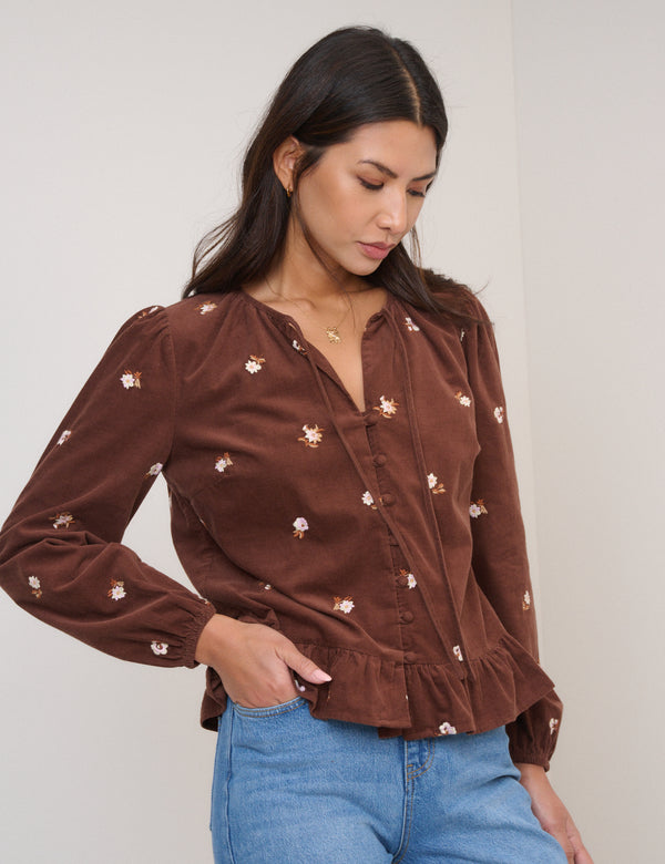 Nobody’s Child Brown Cord Floral Embroidered Frill Blouse