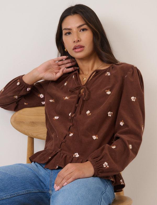nobody’s child Brown Cord Floral Embroidered Frill Blouse