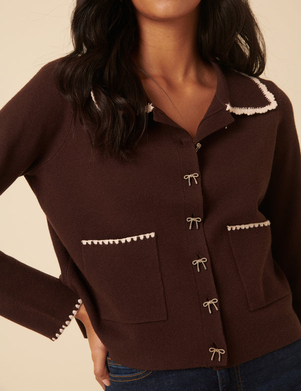 Nobody’s Child Brown Crochet Collar Bow Button Cardigan