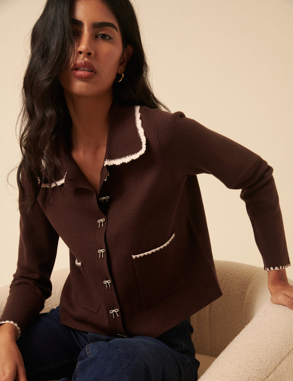 Nobody’s Child Brown Crochet Collar Bow Button Cardigan