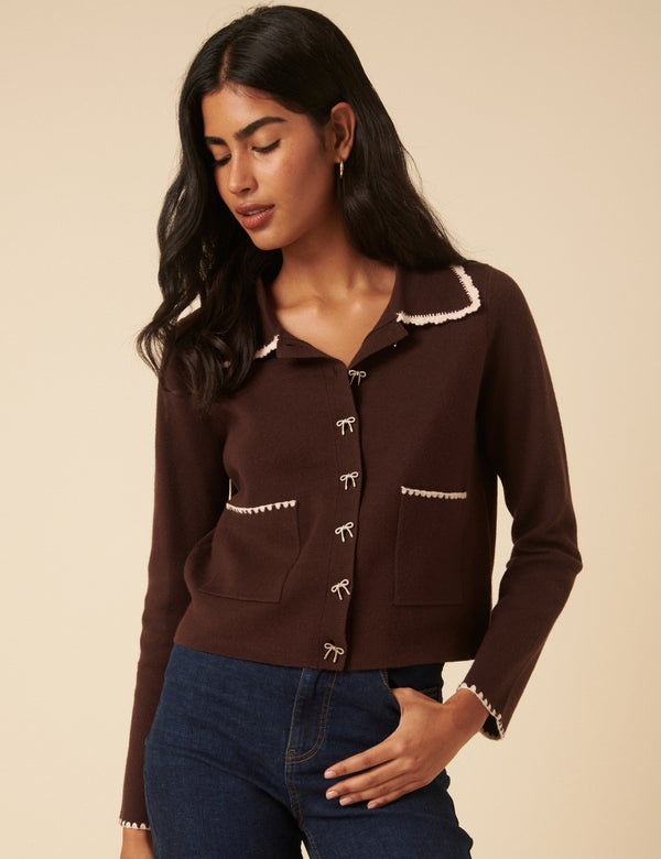nobody’s child Brown Crochet Collar Bow Button Cardigan