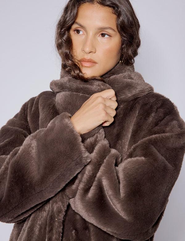 Nobody’s Child Brown Faux Fur Collared Longline Jacket