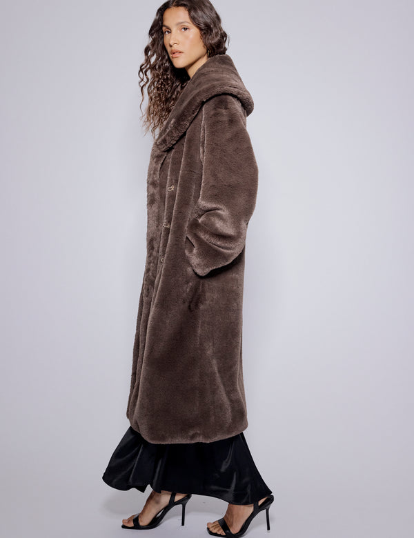 Nobody’s Child Brown Faux Fur Collared Longline Jacket