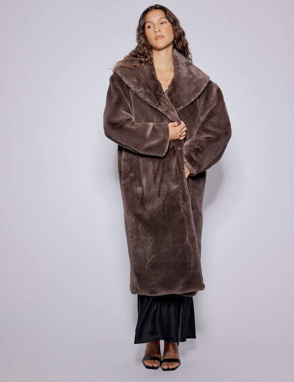 nobody’s child Brown Faux Fur Collared Longline Jacket