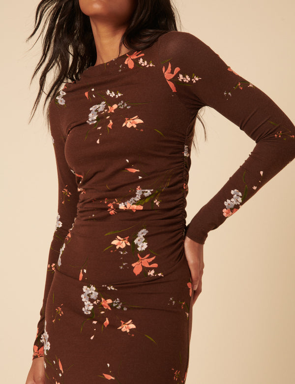 Nobody’s Child Brown Floral Jersey Draped Laurella Midi Dress