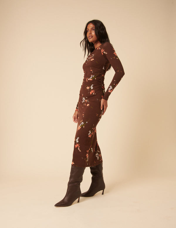 Nobody’s Child Brown Floral Jersey Draped Laurella Midi Dress