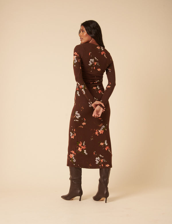 Nobody’s Child Brown Floral Jersey Draped Laurella Midi Dress