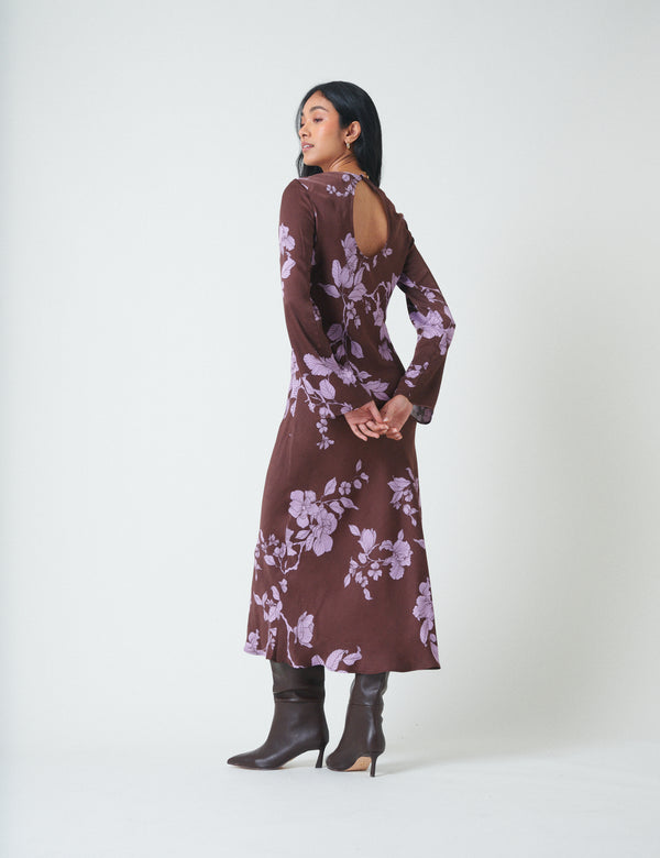 Nobody’s Child Brown Floral Long Sleeve Shiloh Midi Dress