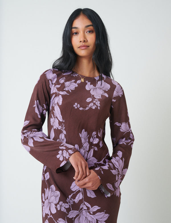 Nobody’s Child Brown Floral Long Sleeve Shiloh Midi Dress
