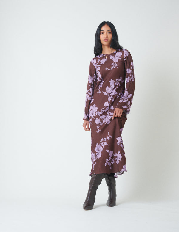nobody’s child Brown Floral Long Sleeve Shiloh Midi Dress