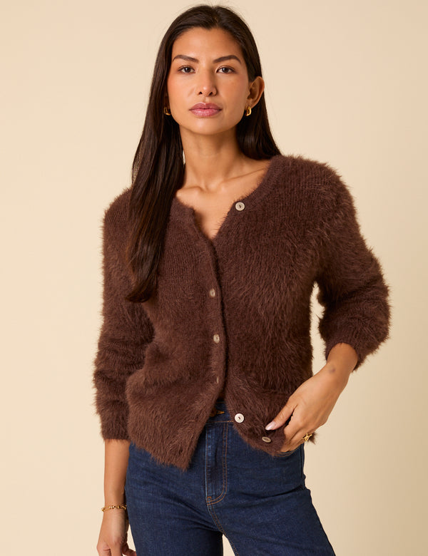 Nobody’s Child Brown Fluffy Long Sleeve Knitted Cardigan