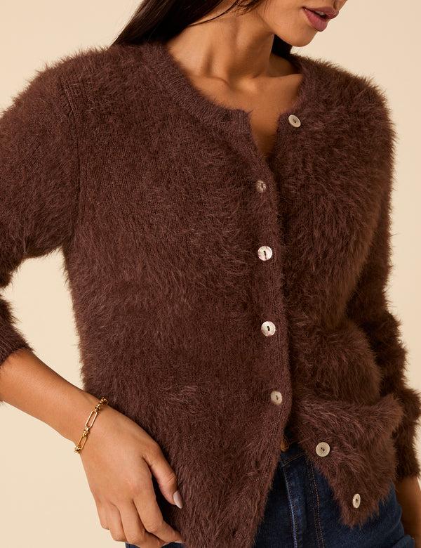 Nobody’s Child Brown Fluffy Long Sleeve Knitted Cardigan