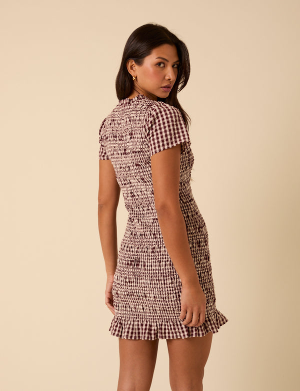 Nobody’s Child Brown Gingham Shirred Martha Mini Dress