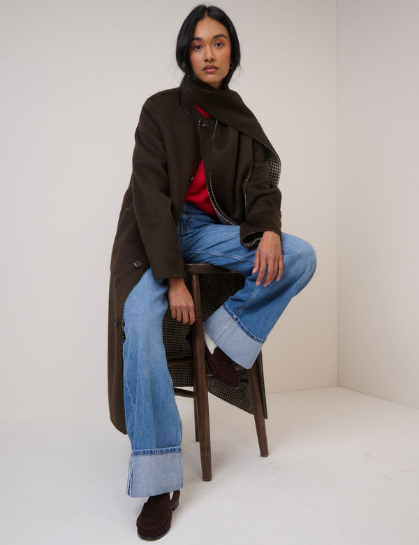 Nobody’s Child Brown Houndstooth Reversible Scarf Coat