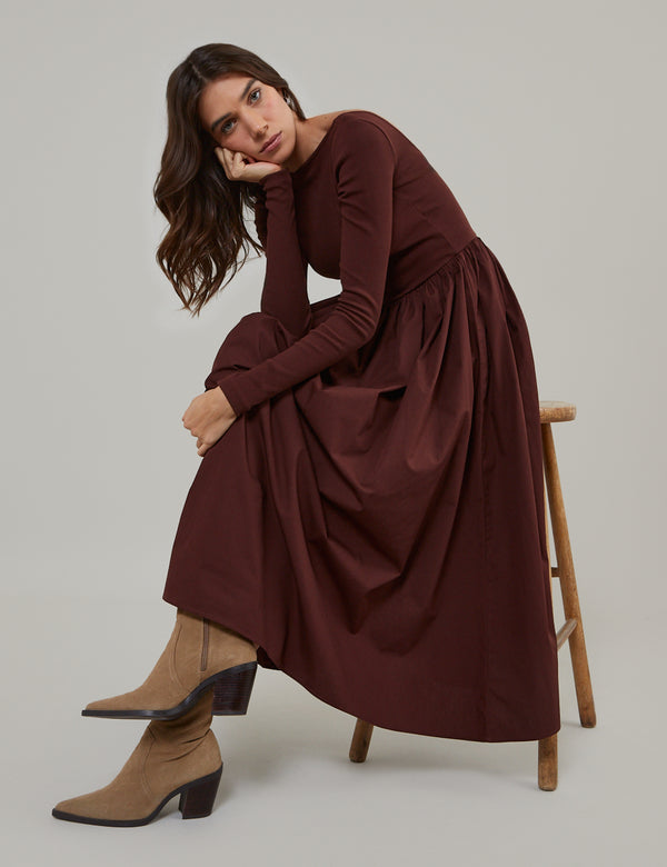 Nobody’s Child Brown Long Sleeve A-Line Penni Midi Dress