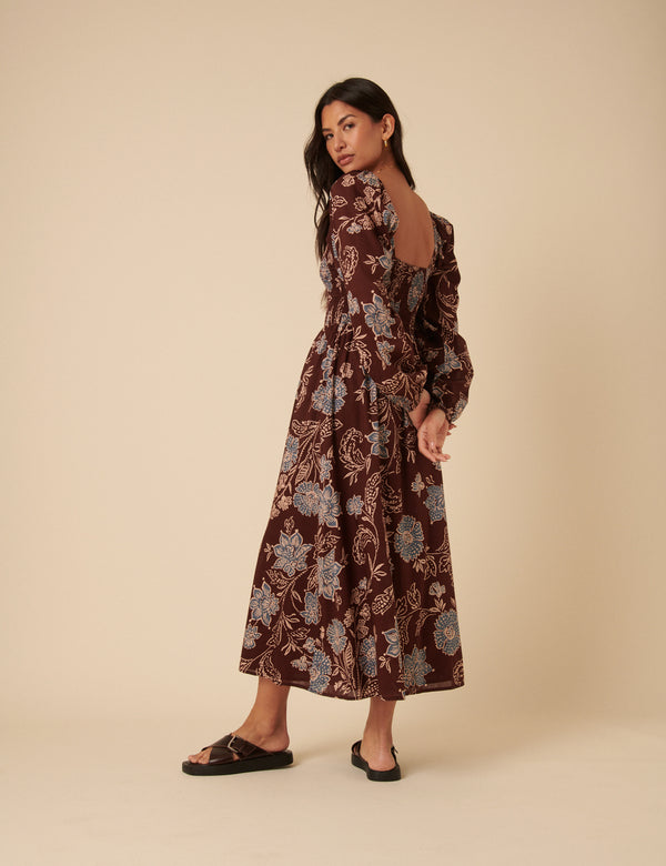 Nobody’s Child Brown Paisley Print Long Sleeve Amaya Midi Dress