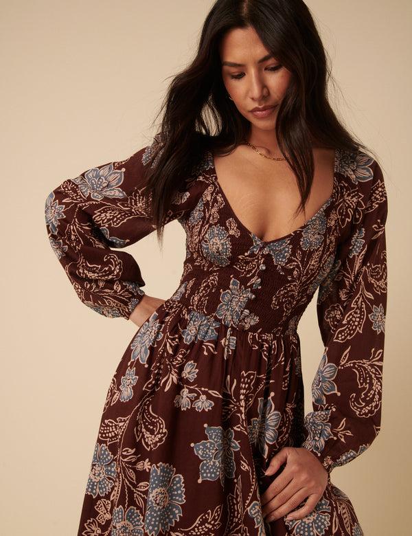 Nobody’s Child Brown Paisley Print Long Sleeve Amaya Midi Dress