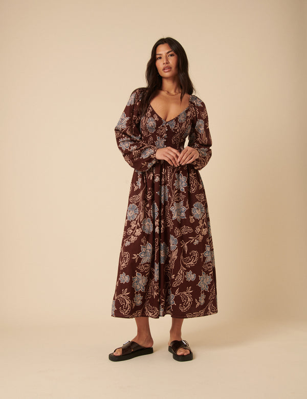 nobody’s child Brown Paisley Print Long Sleeve Amaya Midi Dress