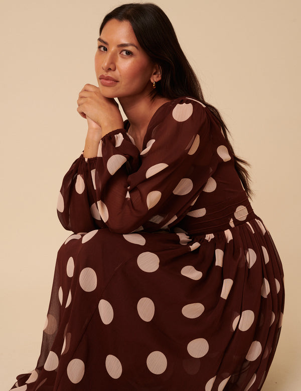 Nobody’s Child Brown Polka Dot Balloon Sleeve Anya Midi Dress