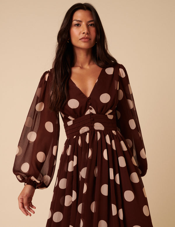 Nobody’s Child Brown Polka Dot Balloon Sleeve Anya Midi Dress