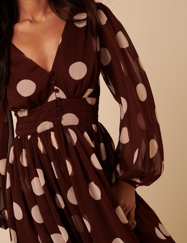 Nobody’s Child Brown Polka Dot Balloon Sleeve Anya Midi Dress