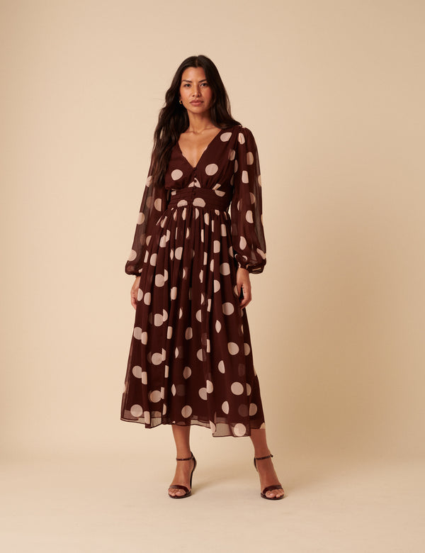 nobody’s child Brown Polka Dot Balloon Sleeve Anya Midi Dress
