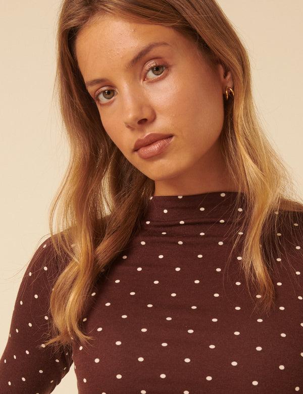 Nobody’s Child Brown Polka Dot High Neck Long Sleeve Top