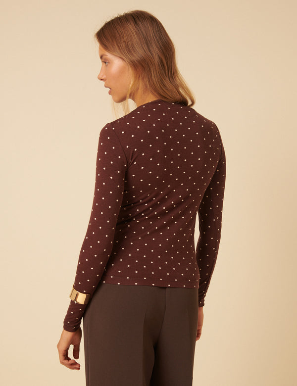 Nobody’s Child Brown Polka Dot High Neck Long Sleeve Top