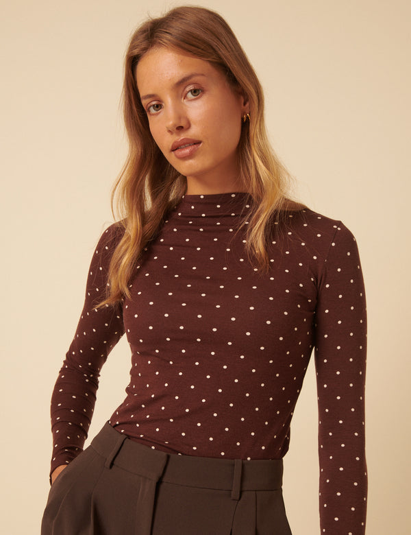 nobody’s child Brown Polka Dot High Neck Long Sleeve Top