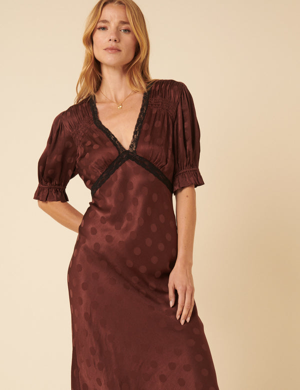 Nobody’s Child Brown Polka Dot Jacquard Angela Midi Dress