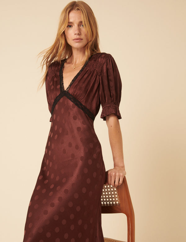 Nobody’s Child Brown Polka Dot Jacquard Angela Midi Dress