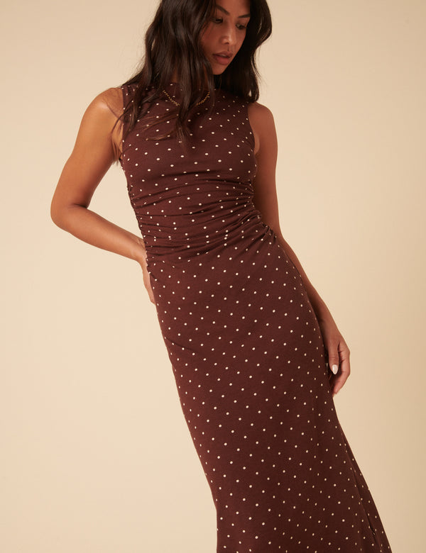 Nobody’s Child Brown Polka Dot Jersey Draped Laurella Midi Dress