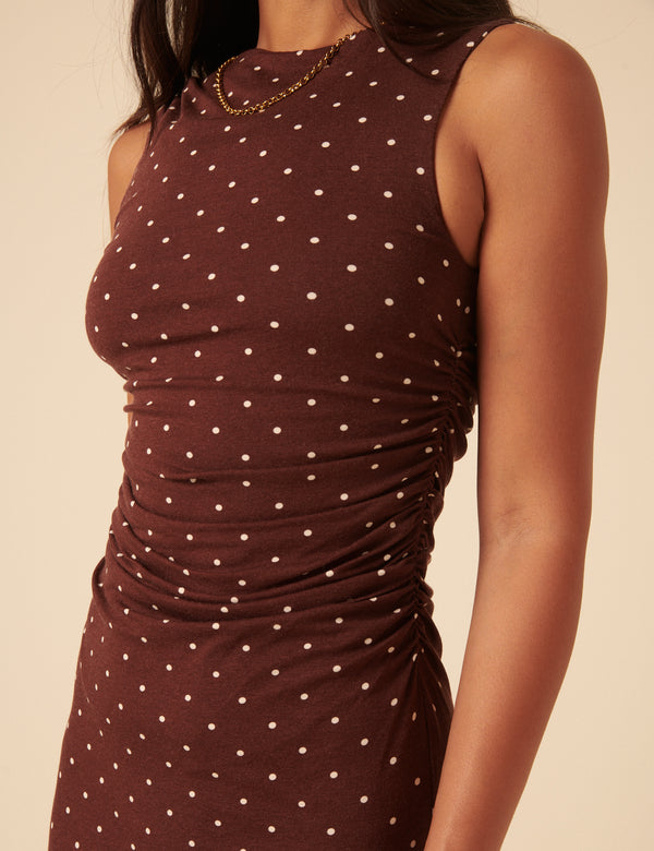 Nobody’s Child Brown Polka Dot Jersey Draped Laurella Midi Dress