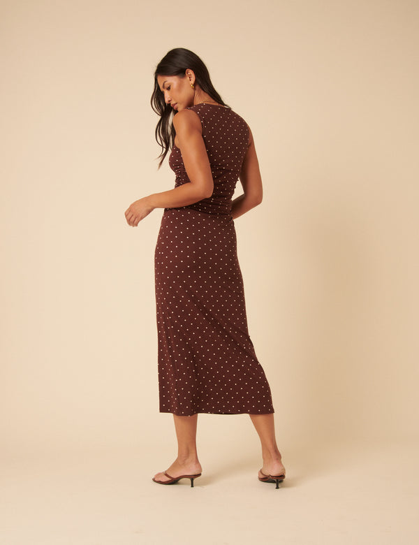 Nobody’s Child Brown Polka Dot Jersey Draped Laurella Midi Dress