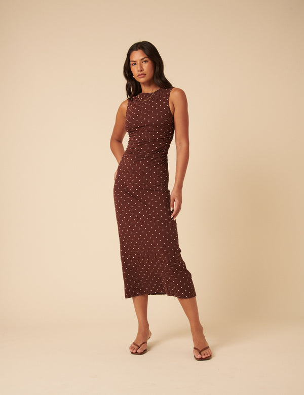 nobody’s child Brown Polka Dot Jersey Draped Laurella Midi Dress