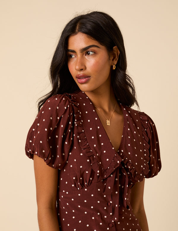 Nobody’s Child Brown Polka Dot Puff Sleeve Ottillie Midi Dress